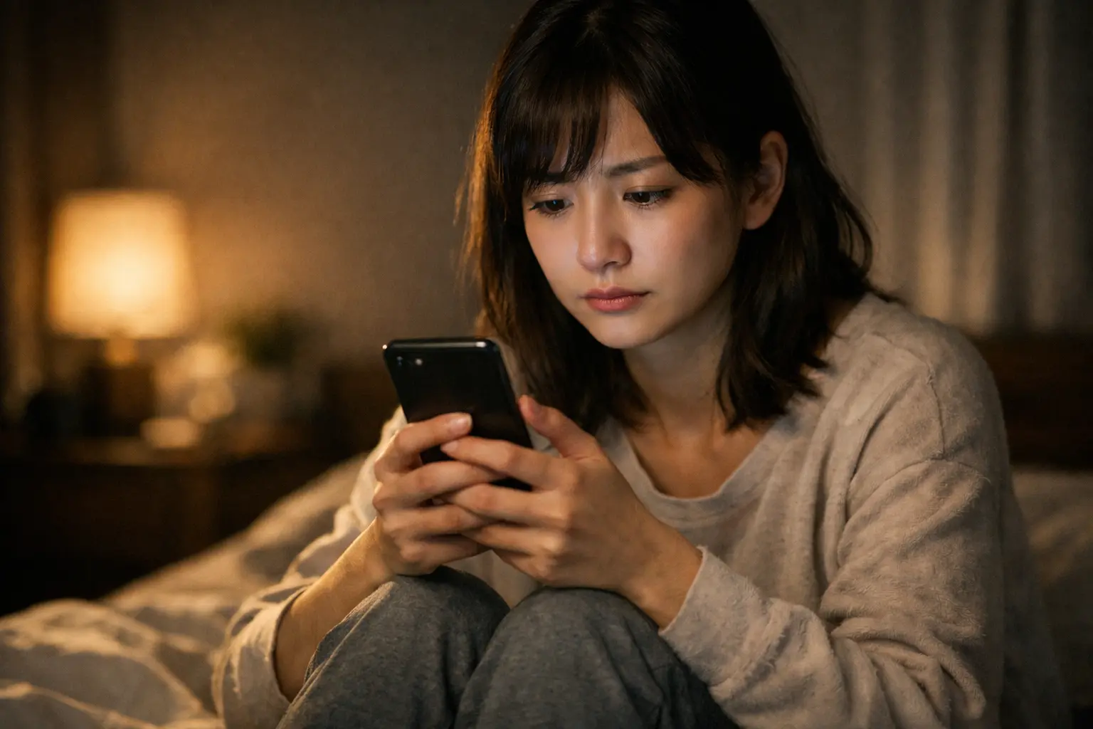 彼氏の浮気が不安でスマホを見つめる女性