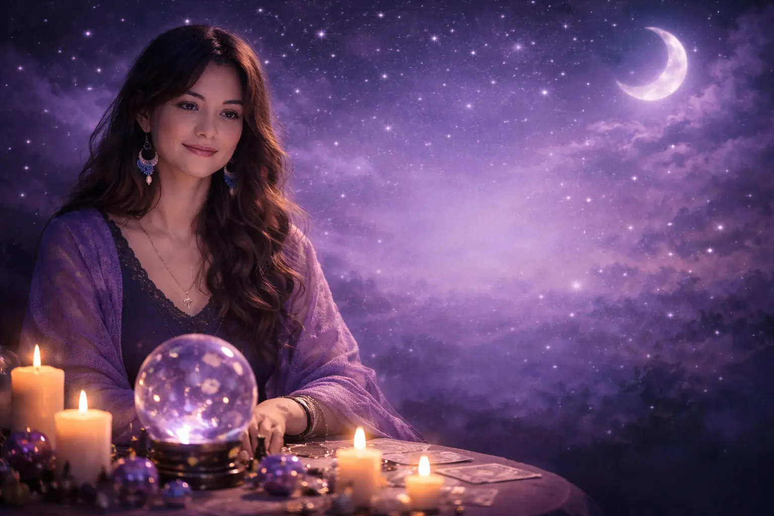 紫のローブをまとった女性占い師が水晶玉の前で穏やかに微笑む様子。背景には星空と月が輝いている。