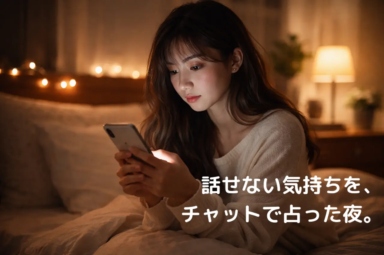 夜、ベッドの上でスマホを見ながらチャット占いをしている女性