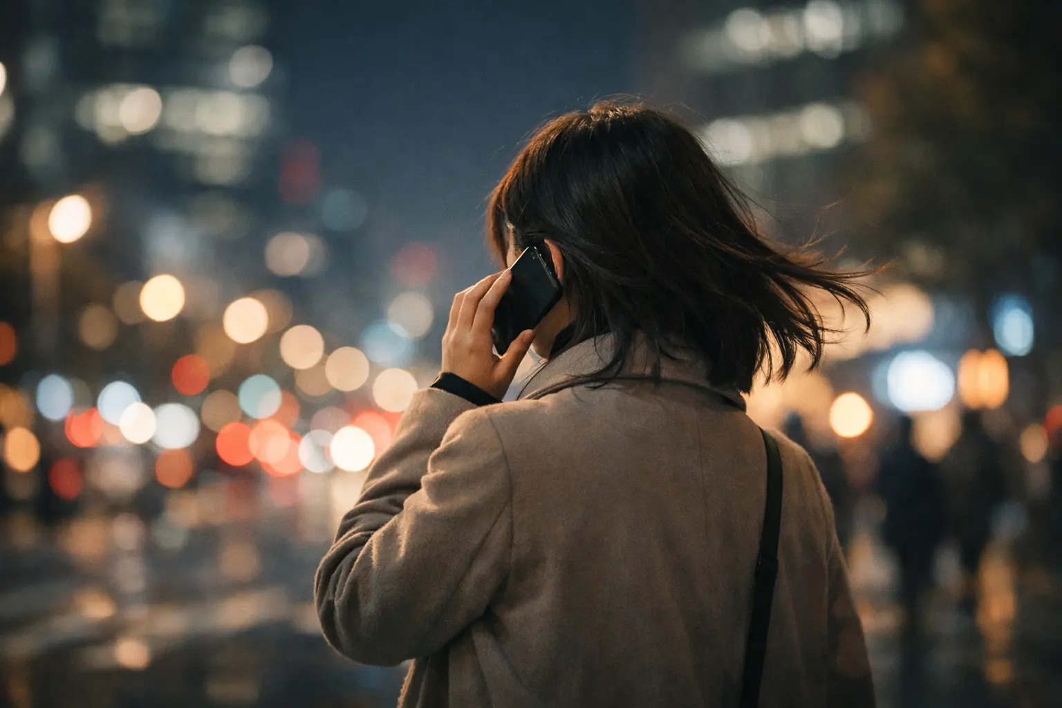 電話占いで相談している女性の後ろ姿（夜の都会）