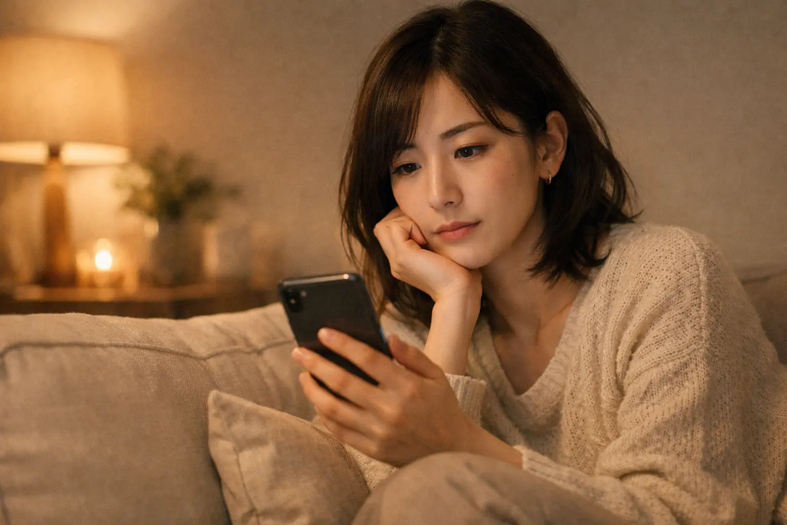 彼の気持ちが分からずスマホを見つめて悩む女性