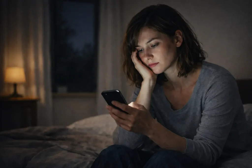 夜に一人でスマホを見つめ、恋愛の判断に迷っている女性