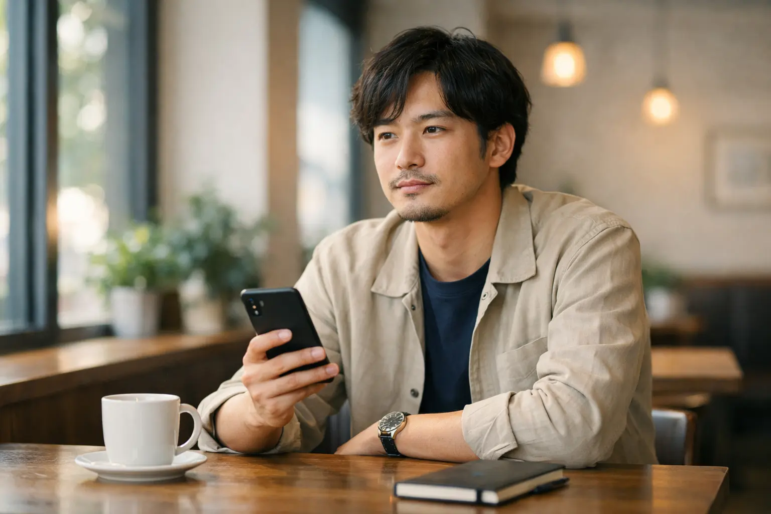 カフェでスマートフォンを操作する男性